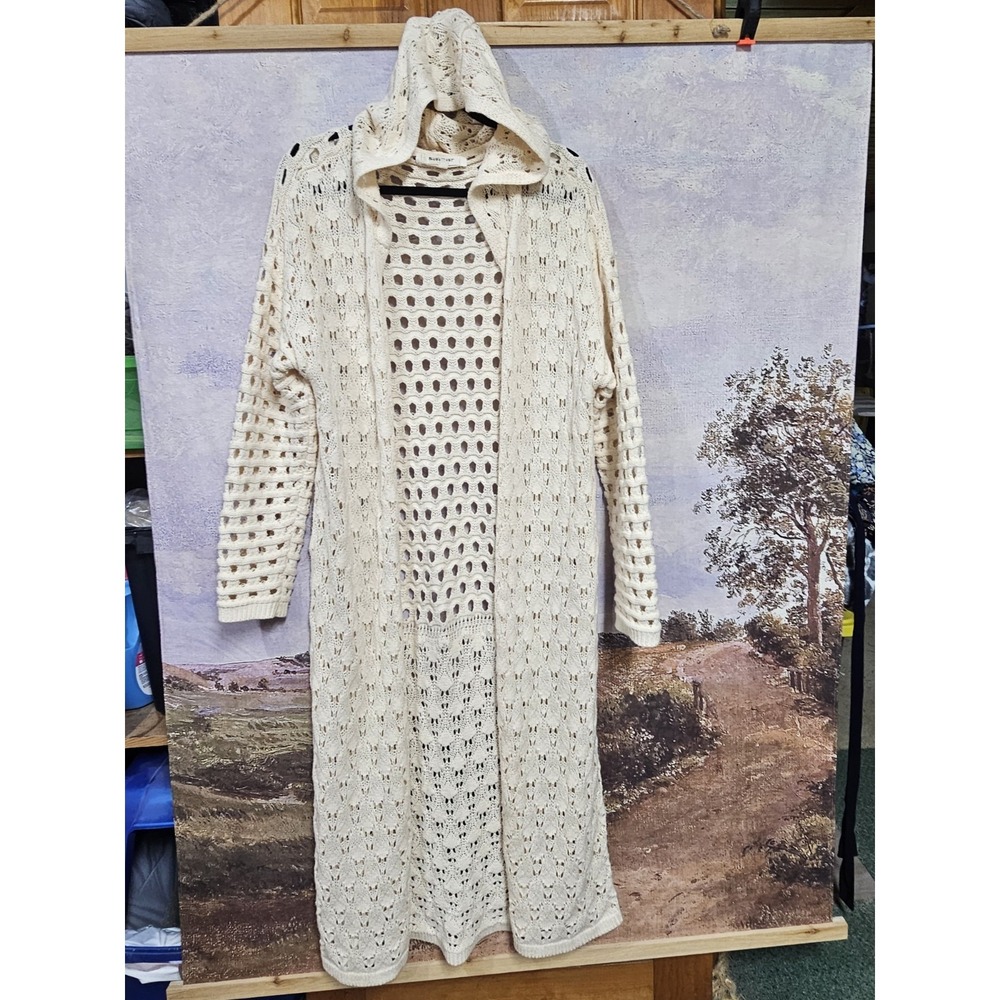 Blue Velvet Cottage Core Crochet  Long Festival Ivory Sweater With Hood Sz M